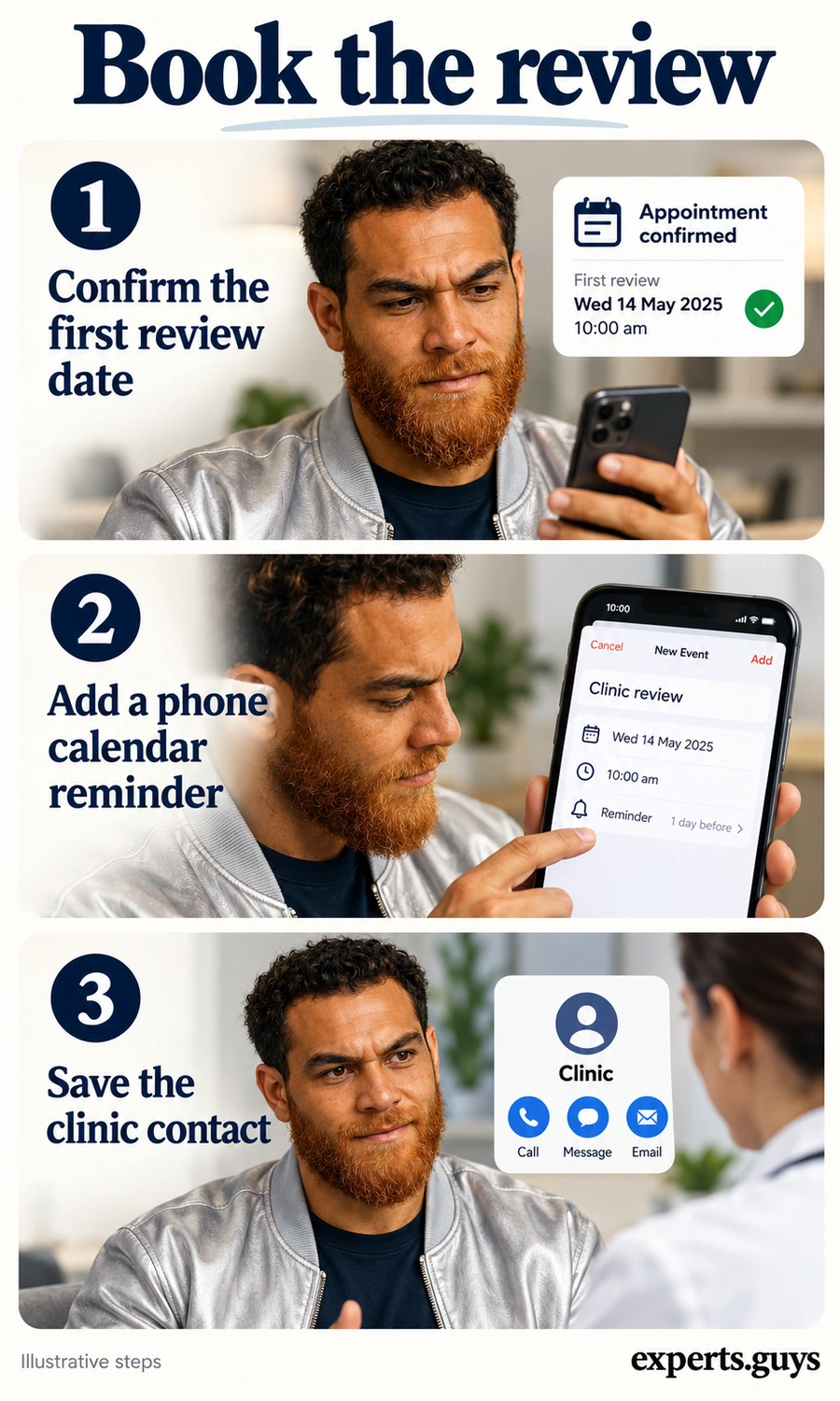 Man confirming an antidepressant review appointment, adding a phone calendar reminder and saving the clinic contact.