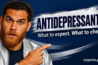 Man in a silver jacket beside the headline &ldquo;Antidepressants: What to expect. What to check.&rdquo;