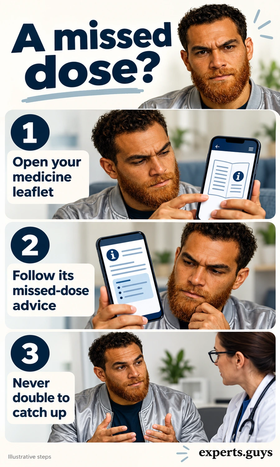 Man opening a medicine leaflet on his phone beside instructions to check antidepressant missed-dose advice and never double to catch up.