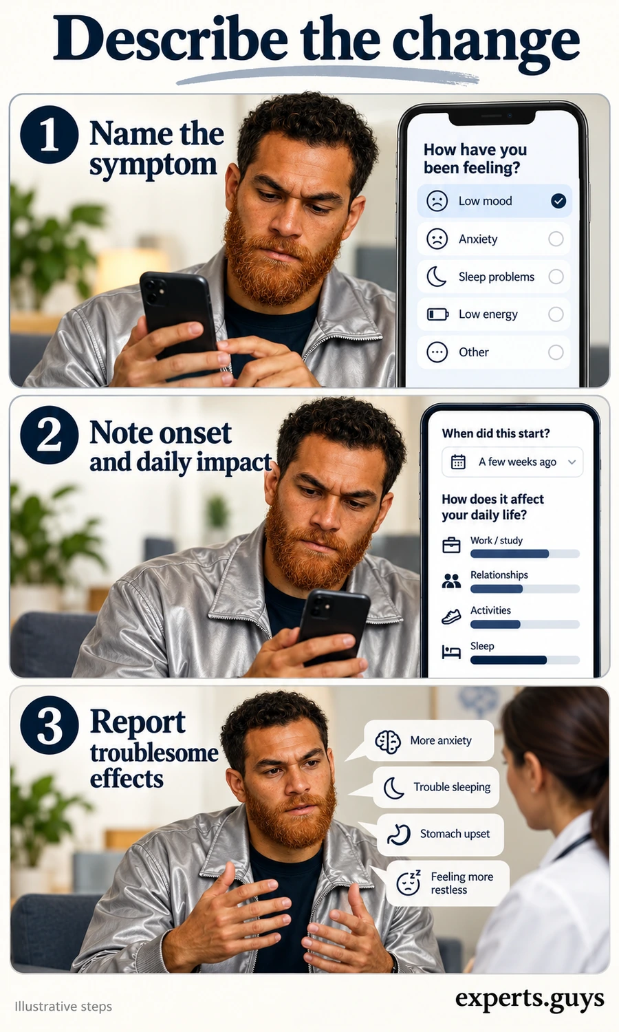Man using phone prompts to describe a possible antidepressant side effect, its onset and its daily impact before discussing it with a clinician.
