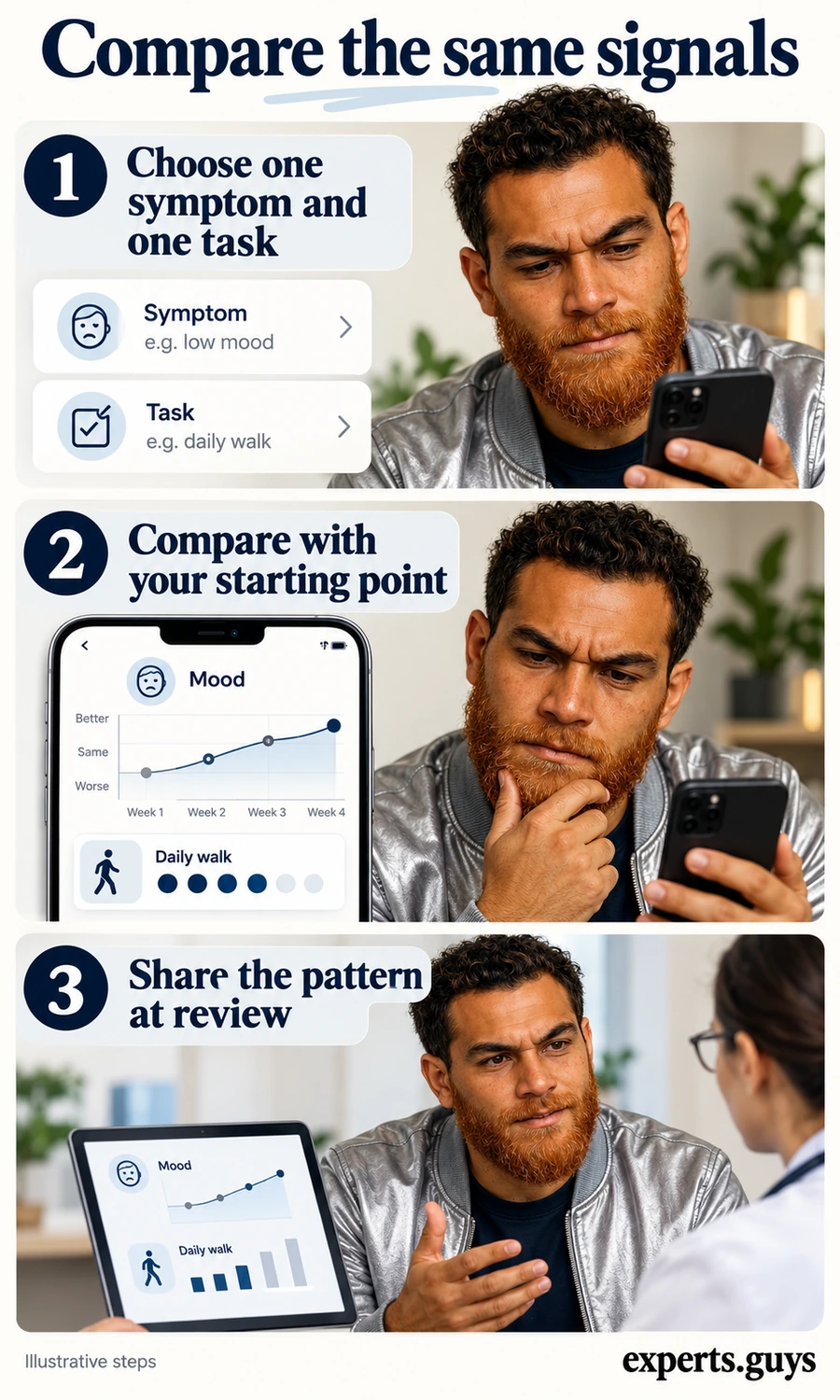 Phone screens compare a depression symptom and a daily task before an antidepressant review conversation.