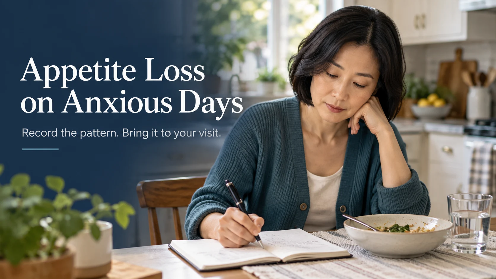 Woman noting appetite changes beside a partly eaten meal and water before a healthcare visit.