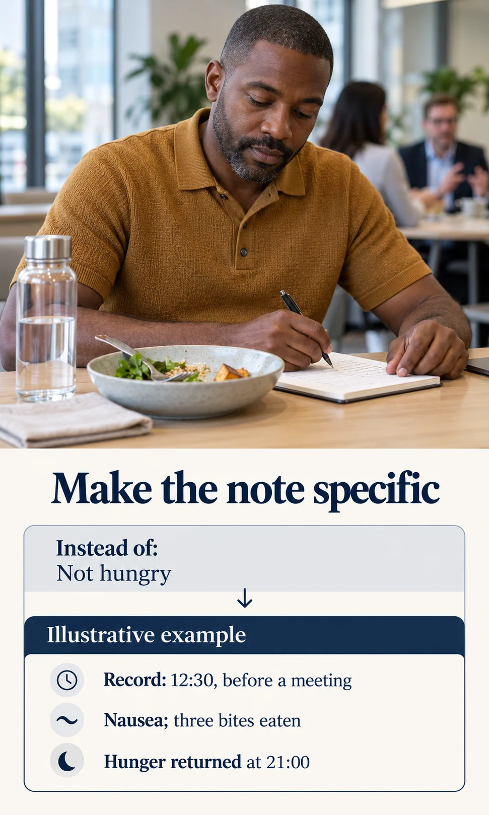 Man writing an eating-event note, with an illustrative example replacing “not hungry” with time, nausea, intake and later hunger.