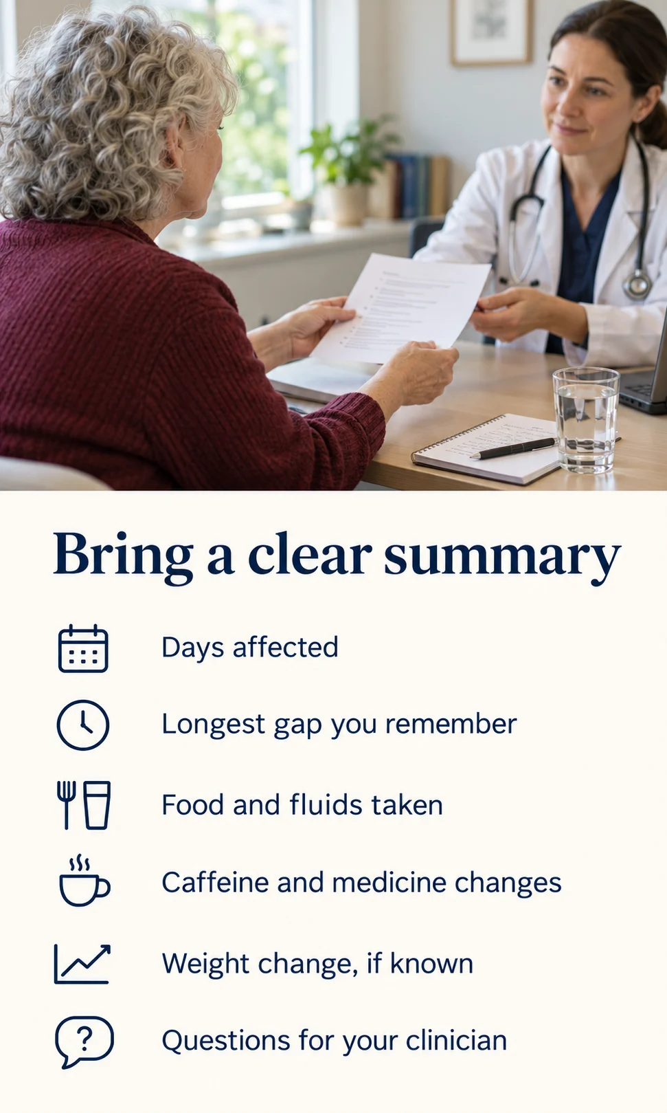 Older woman sharing an appointment summary with a clinician, with prompts for affected days, food gaps, intake, caffeine, medicines and known weight changes.