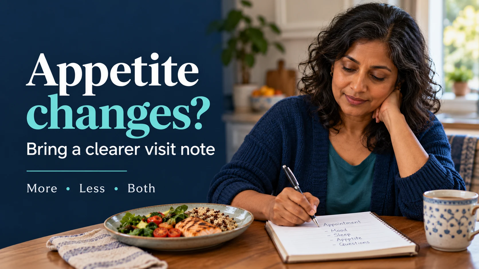 Woman writing an appointment note beside a meal with wording about appetite changes