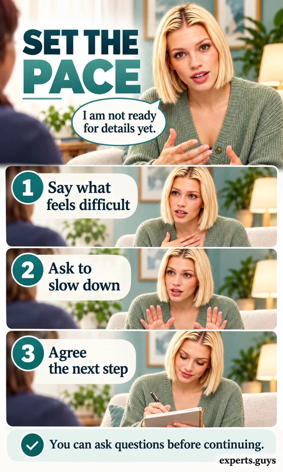 Woman tells a counselor what feels difficult, asks to slow down, and agrees the next step.