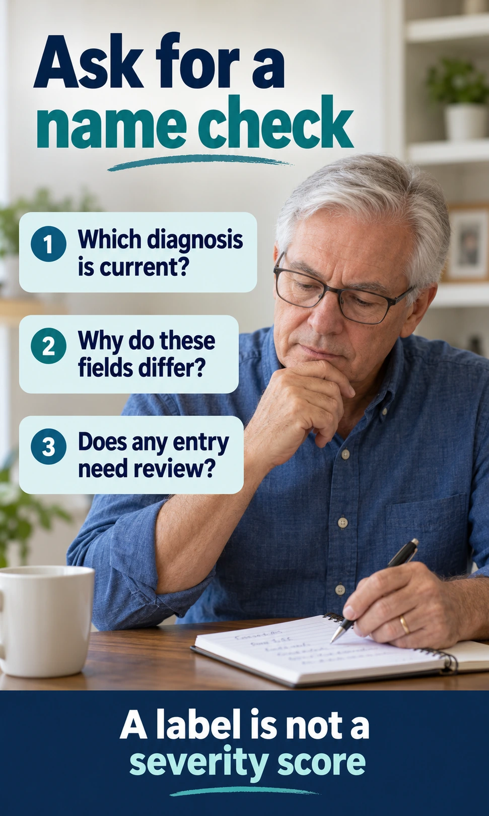 An older man prepares questions about the current diagnosis and differing record fields.