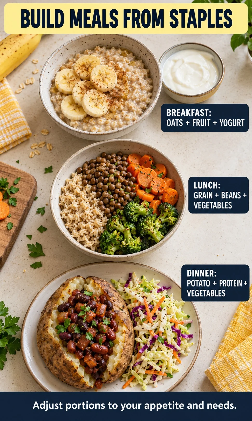 Oats with banana and yogurt, a rice and lentil vegetable bowl, and a bean-topped potato demonstrate three meals assembled from staples.