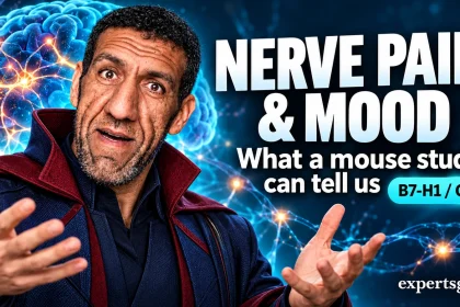 Man in a navy and burgundy jacket beside the headline Nerve Pain and Mood and a mouse-study subtitle.