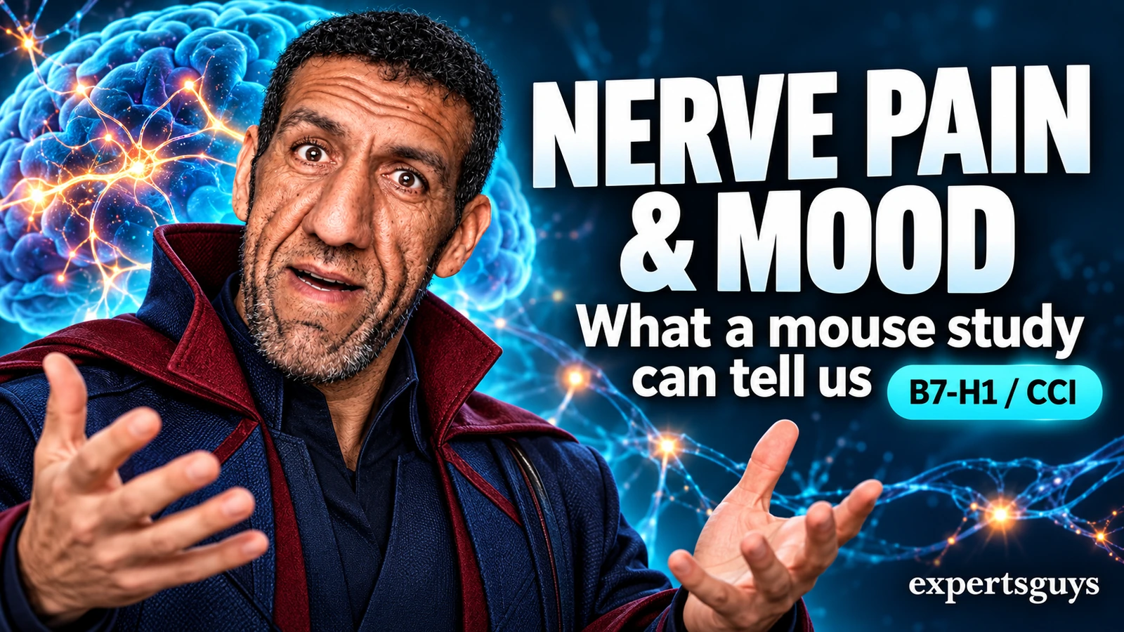 Man in a navy and burgundy jacket beside the headline Nerve Pain and Mood and a mouse-study subtitle.