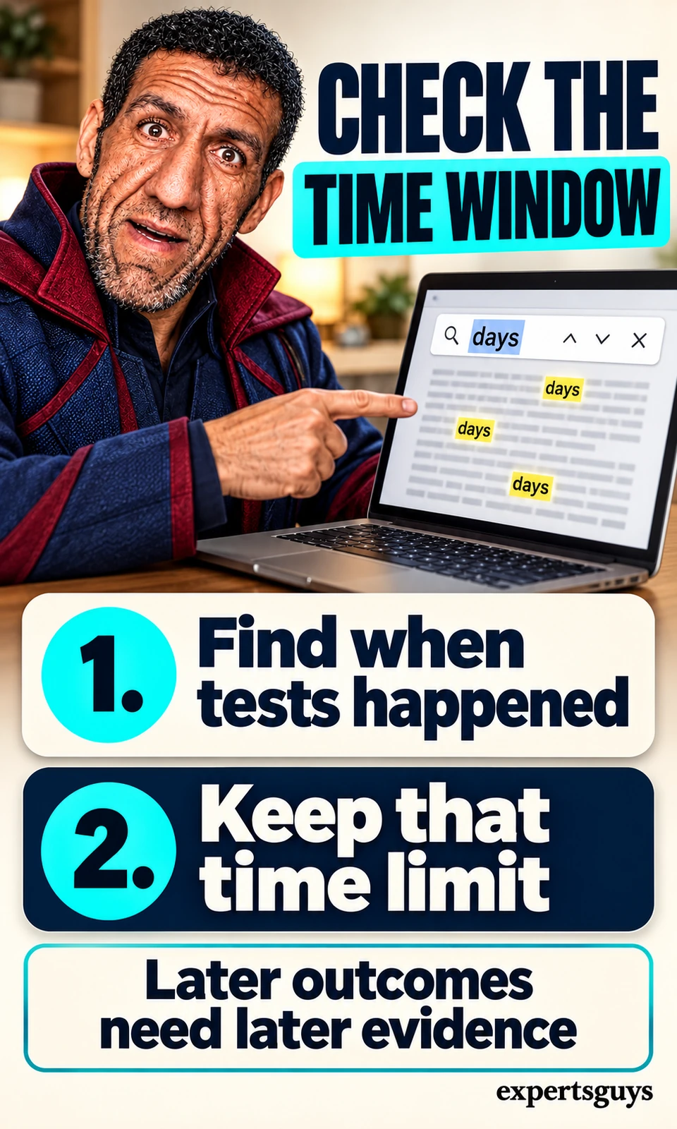 Man searches a research page for days beside instructions to find test timing and keep the time limit.