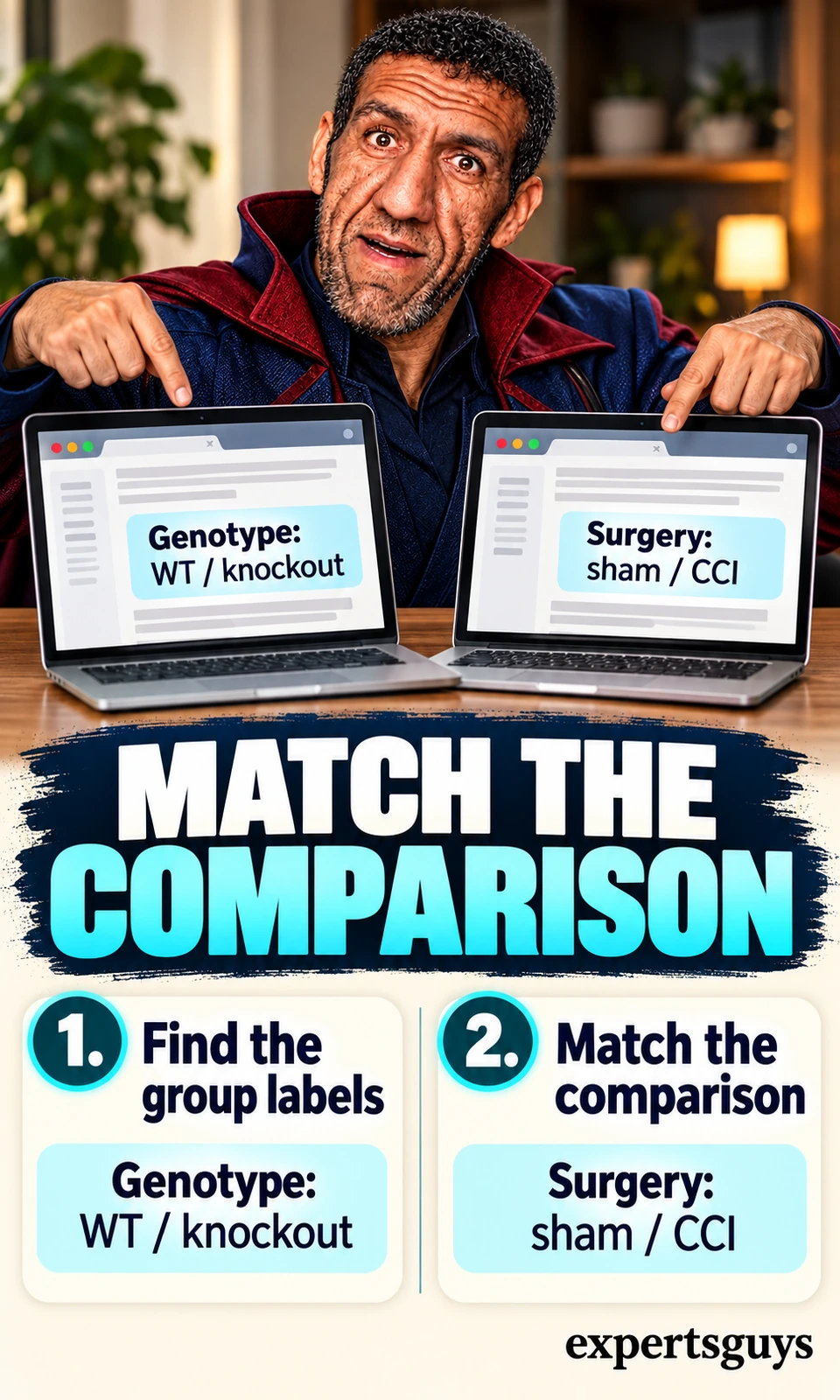 Man compares study group labels for wildtype and knockout mice and for sham and CCI surgery.