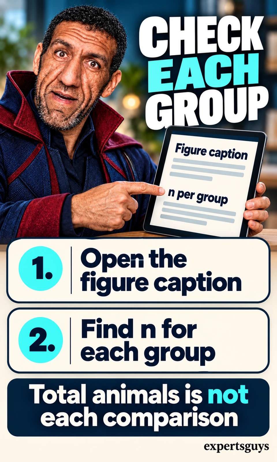 Man examines a figure caption on a tablet with prompts to find n for each group.