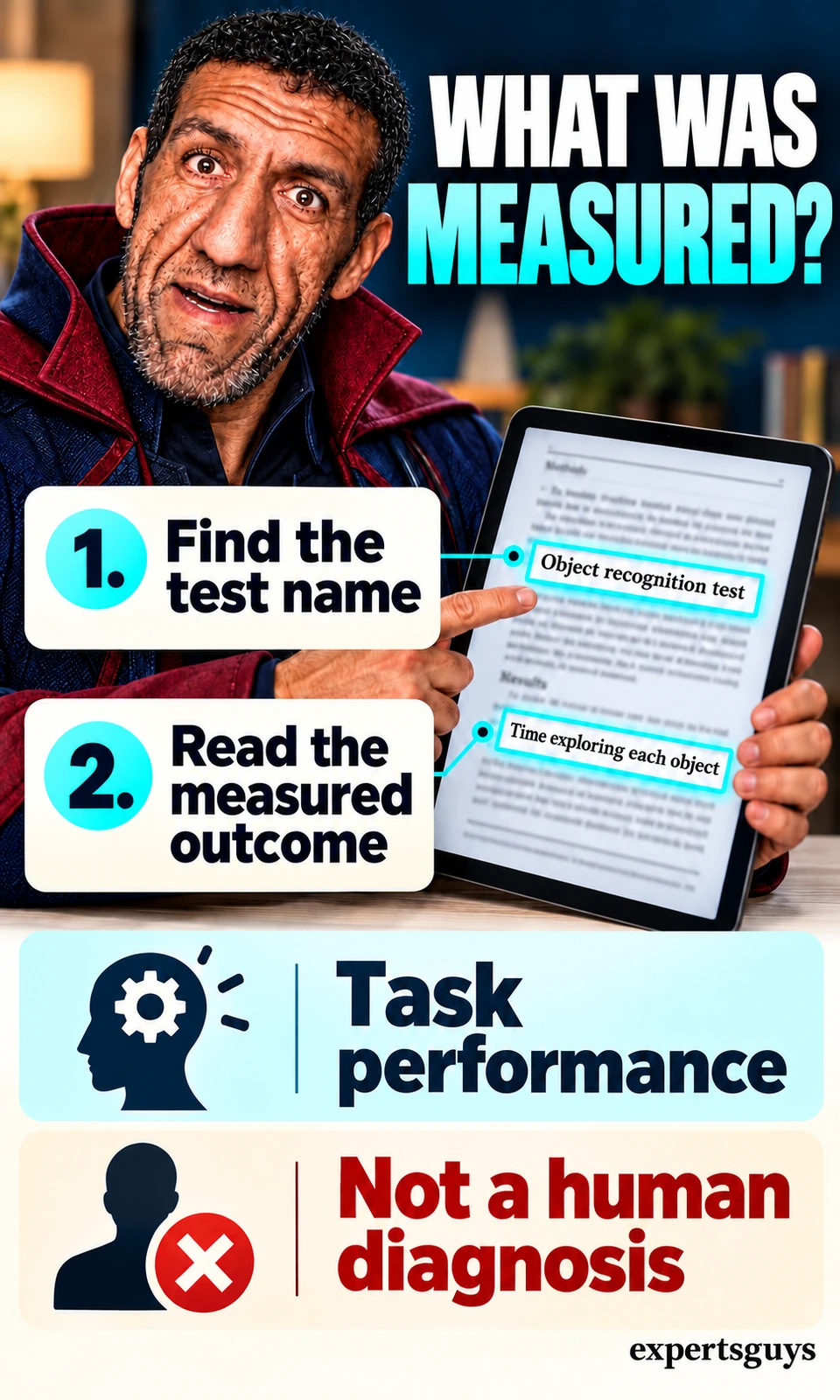 Man points to an object recognition test and time exploring each object on a tablet, with a reminder that task performance is not a human diagnosis.