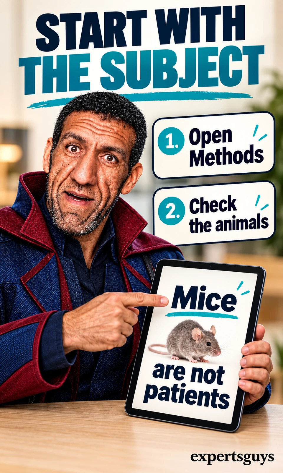 Man points to Mice on a tablet beside steps to open Methods and check the animals.