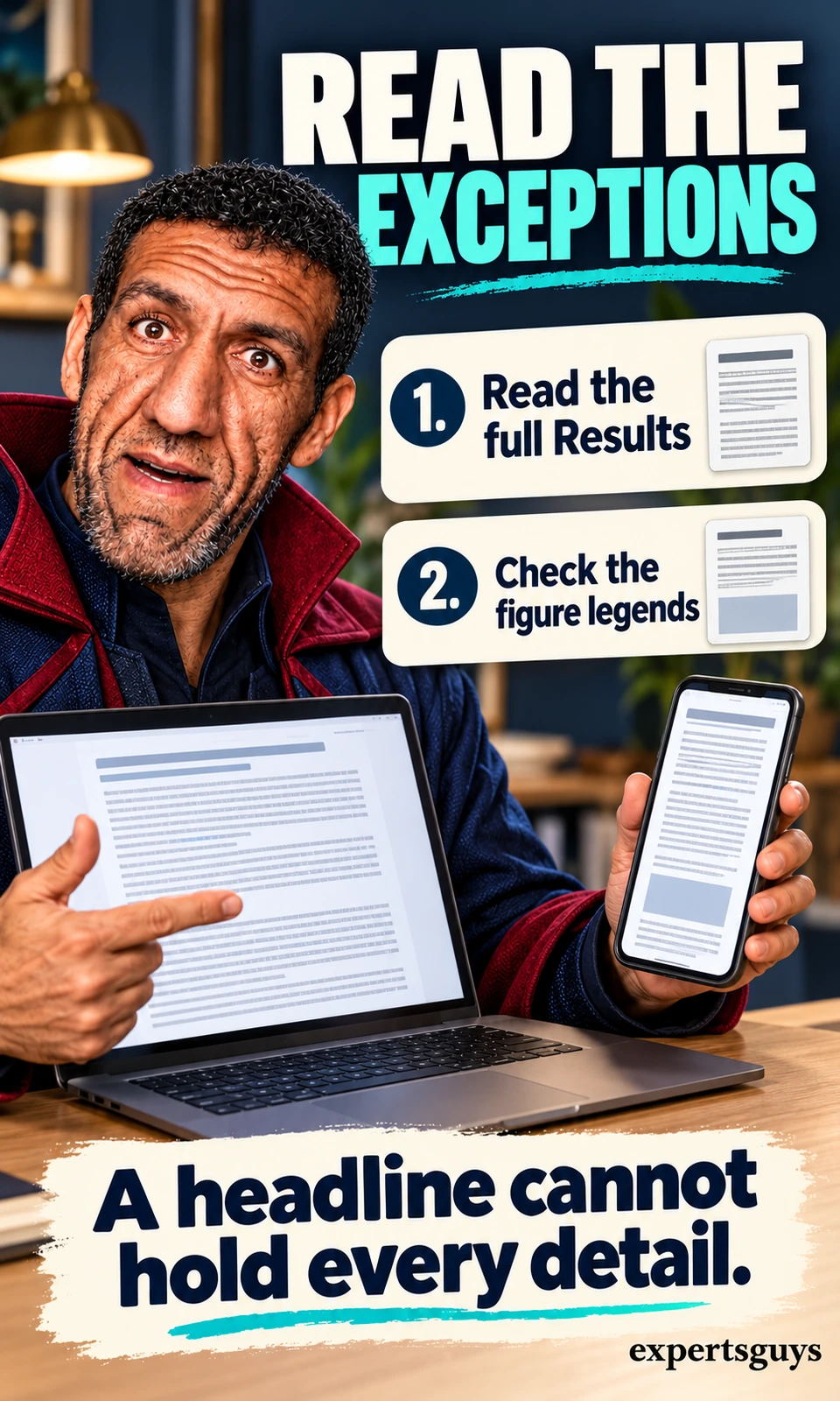Man compares a laptop Results page and a phone figure legend beside instructions to check exceptions.