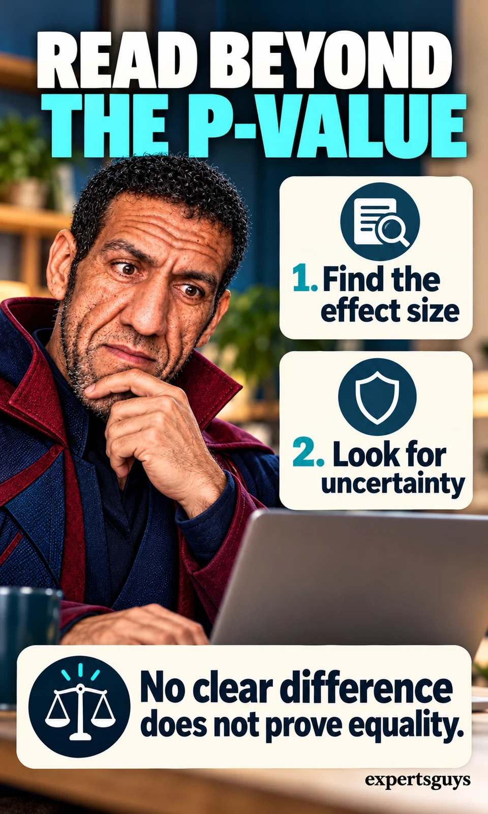 Man reads a study beside prompts to find the effect size and look for uncertainty.