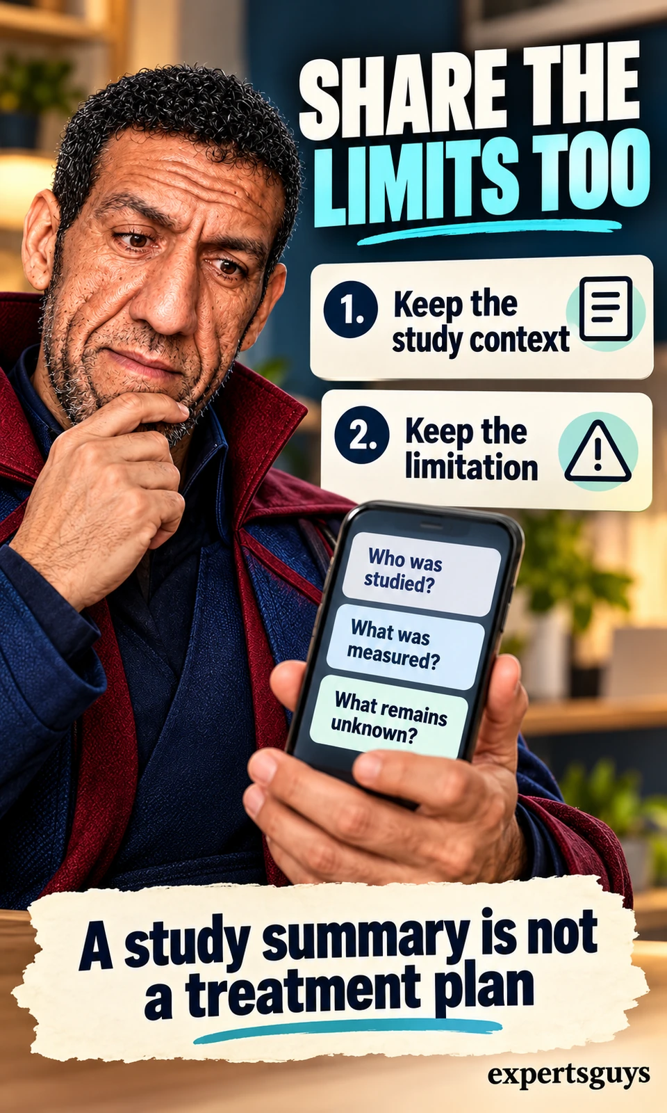 Man reviews a phone summary asking who was studied, what was measured and what remains unknown.