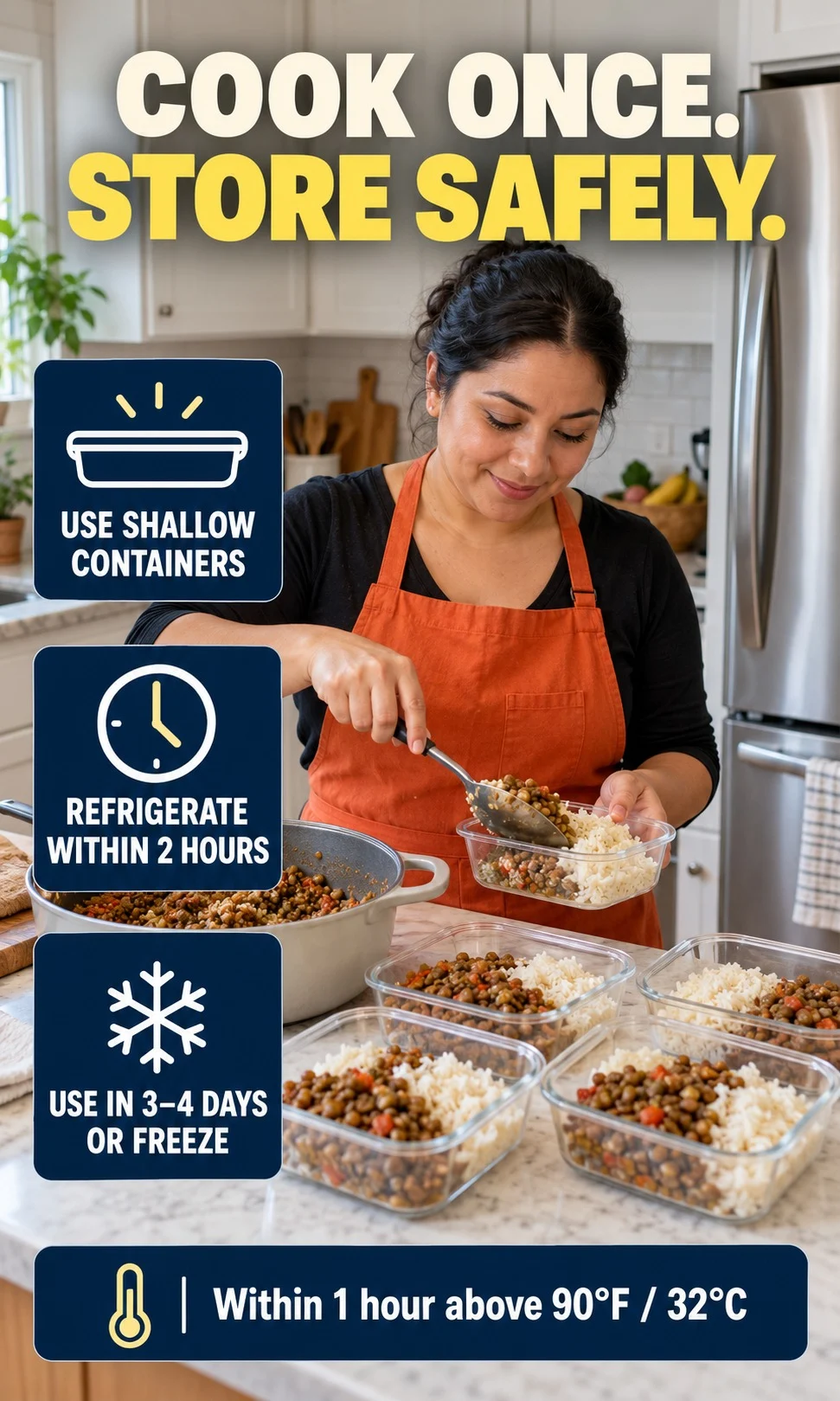 A cook portions rice and lentils into shallow containers with reminders to refrigerate promptly and use refrigerated leftovers within three to four days.