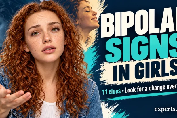 Red-haired presenter beside the headline Bipolar Signs in Girls and a reminder to look for change over time.