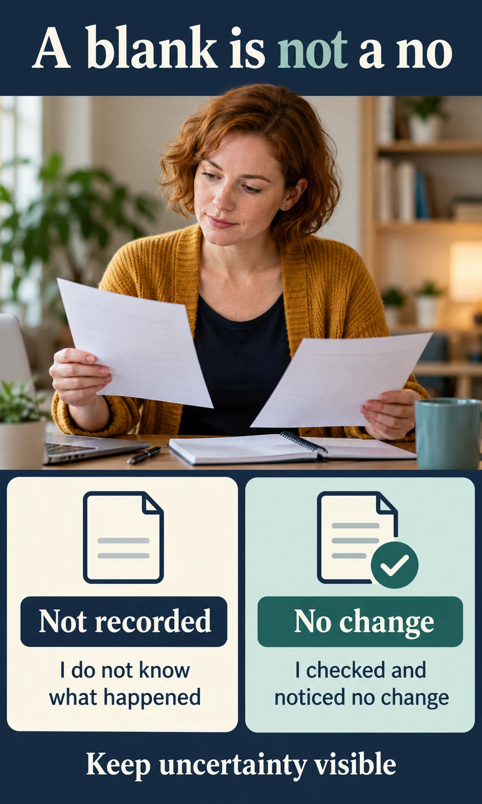 Woman comparing notes labelled Not recorded and No change
