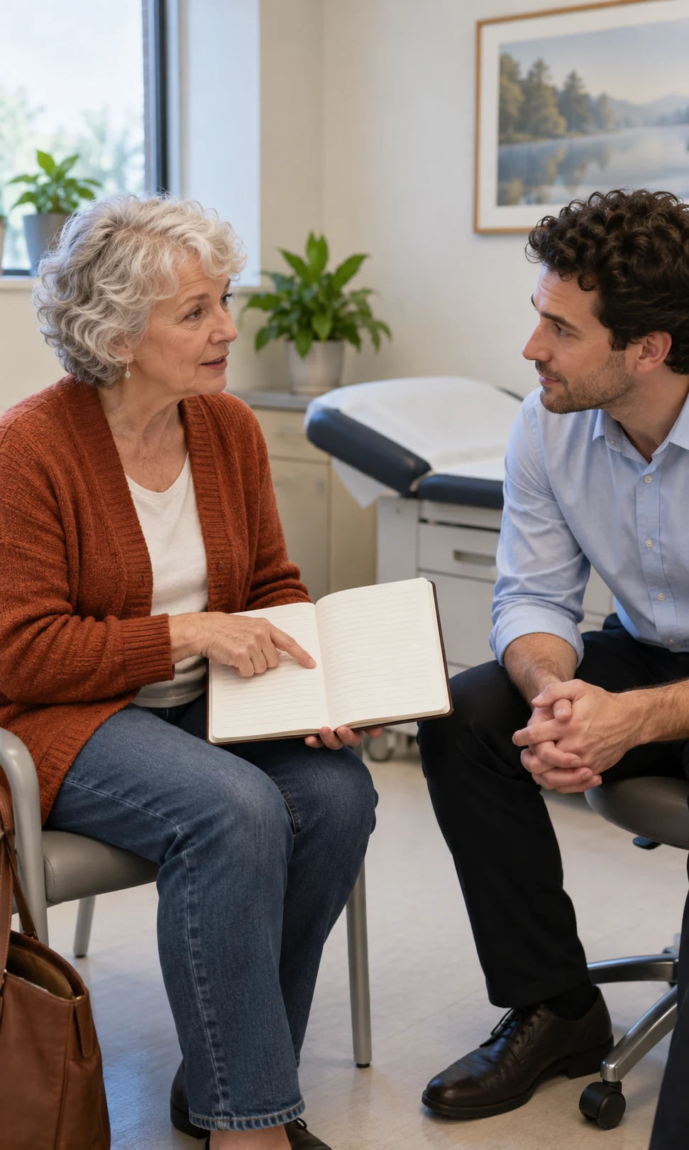 Older adult woman bringing a notebook to an appointment and discussing it with a clinician