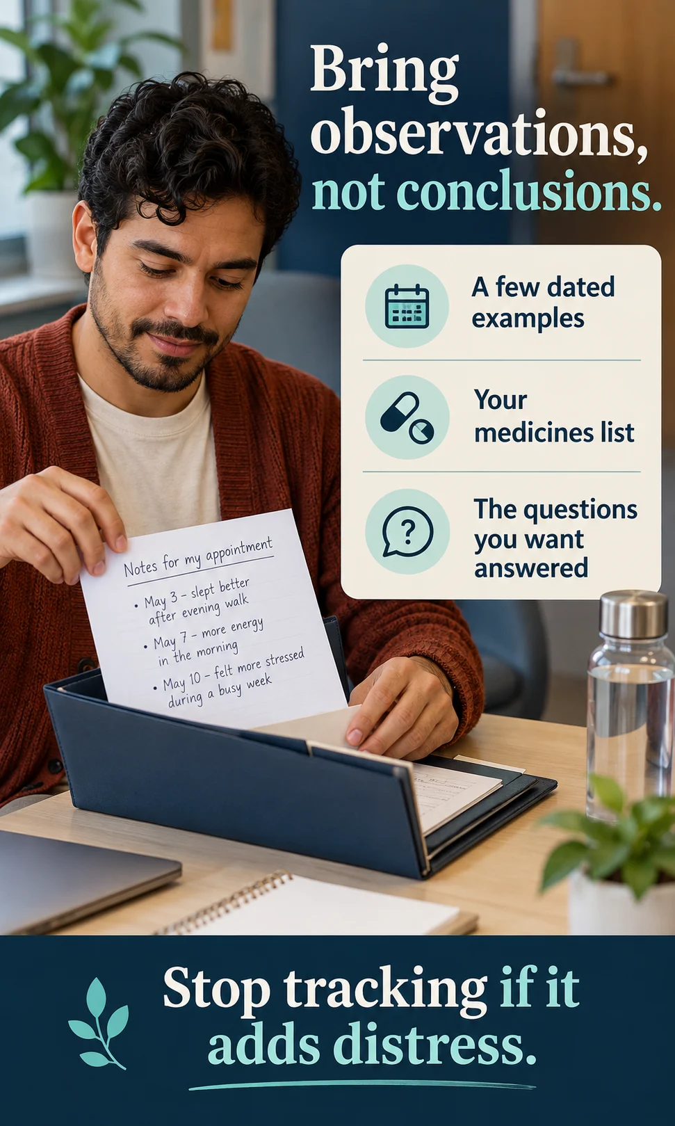 An adult packing an appointment folder beside a checklist of observations, medicines and questions.