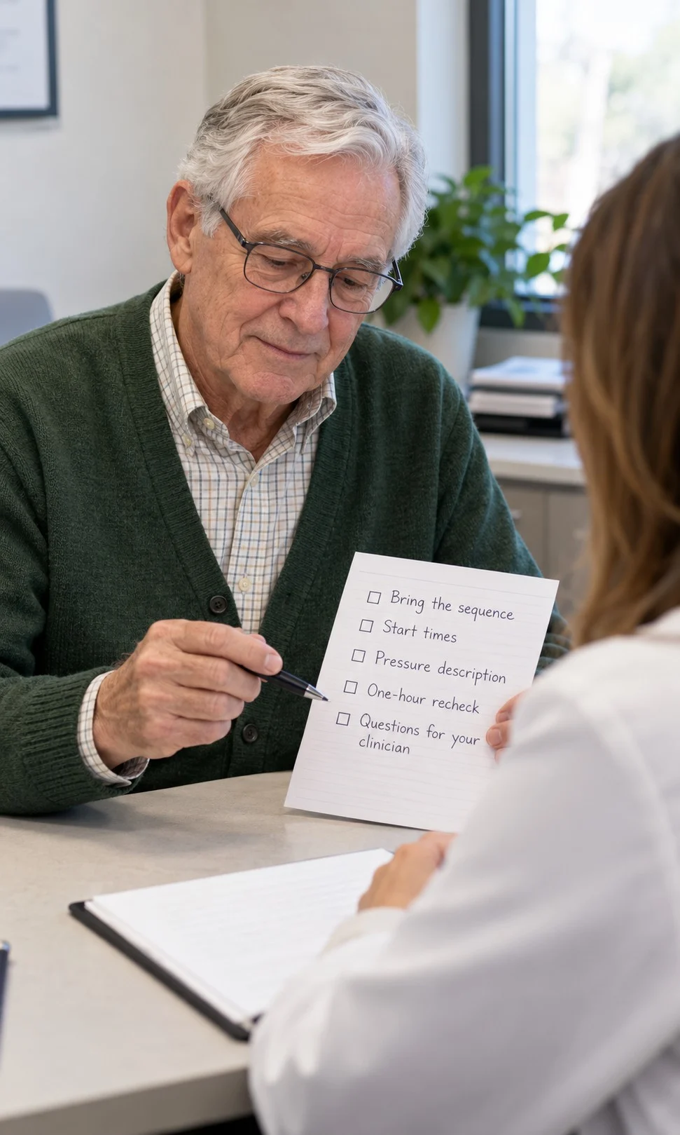 Older adult reviewing start times and pressure descriptions with a clinician