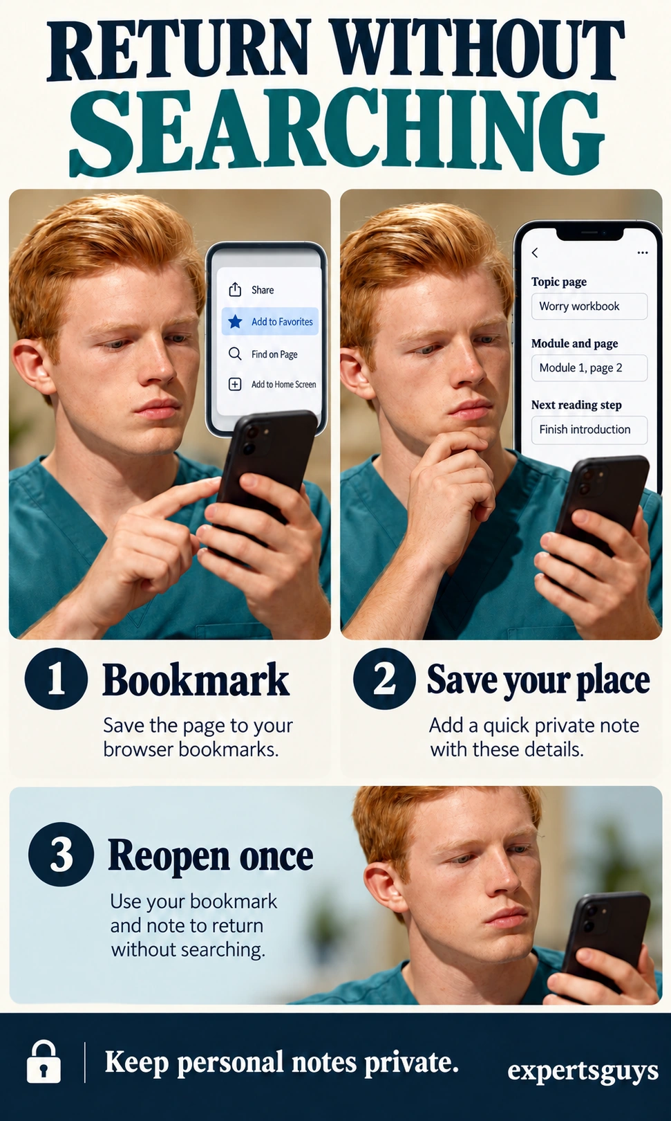 Phone bookmark and private note preserve the topic, module, page and next reading step.