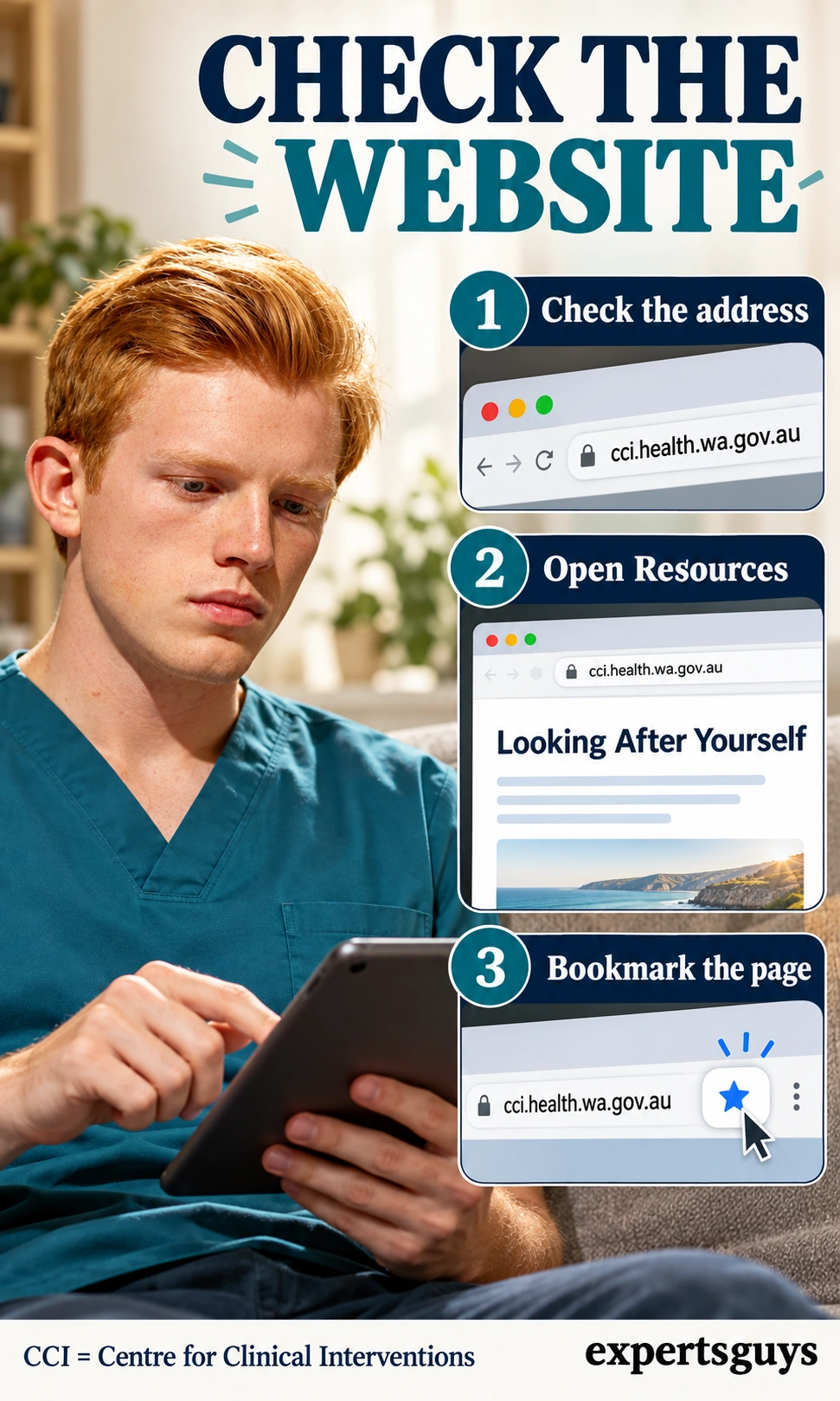 Reader checks cci.health.wa.gov.au, opens resources and bookmarks a topic page.