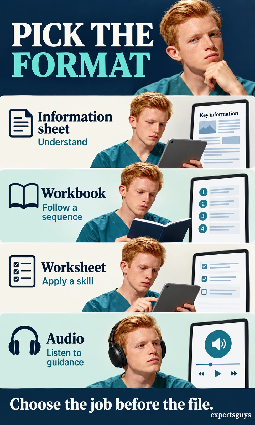 Four panels compare an information sheet, workbook, worksheet and audio guidance.