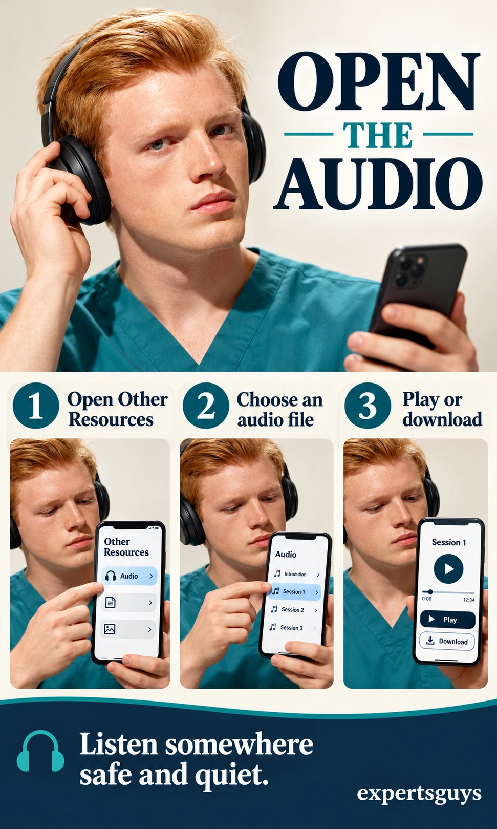 Reader selects an audio file on a phone and listens through headphones.