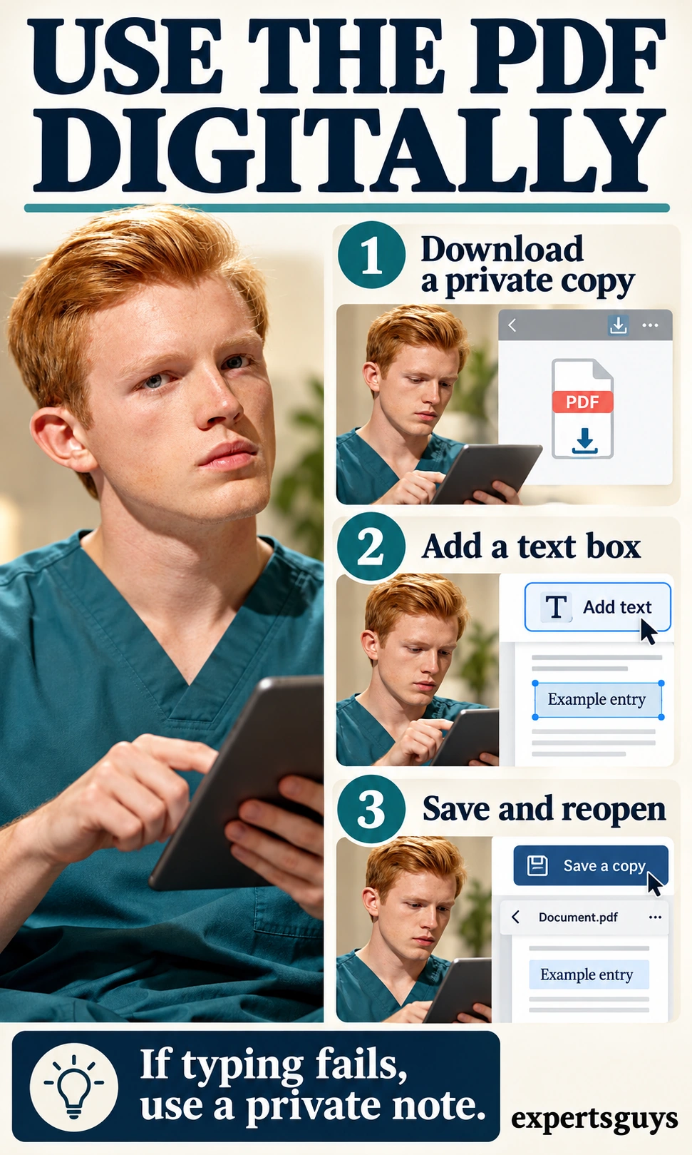 Reader downloads a PDF, adds a text box and reopens the saved copy.