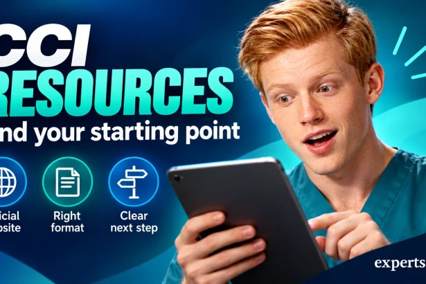 Man in teal scrubs holds a tablet beside CCI resource navigation labels.