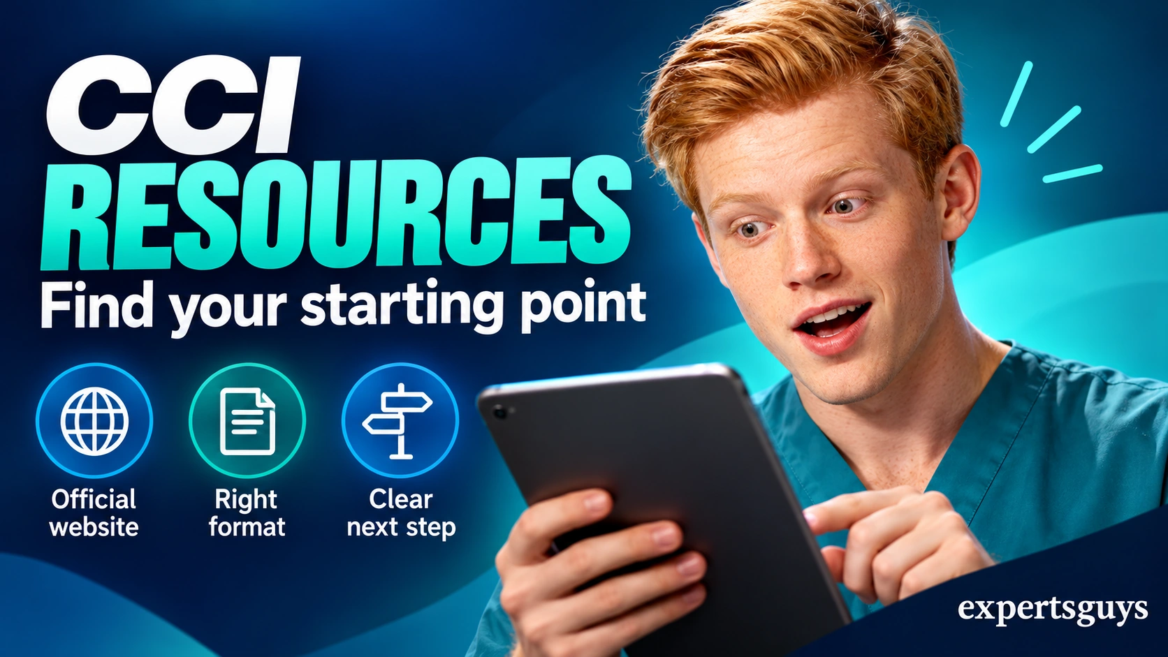 Man in teal scrubs holds a tablet beside CCI resource navigation labels.