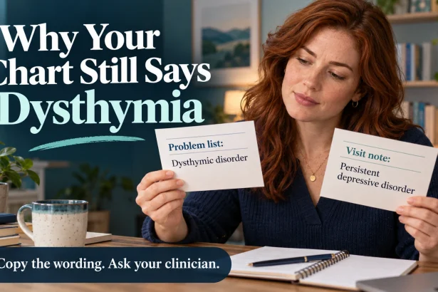 A woman comparing illustrative cards labelled dysthymic disorder and persistent depressive disorder.