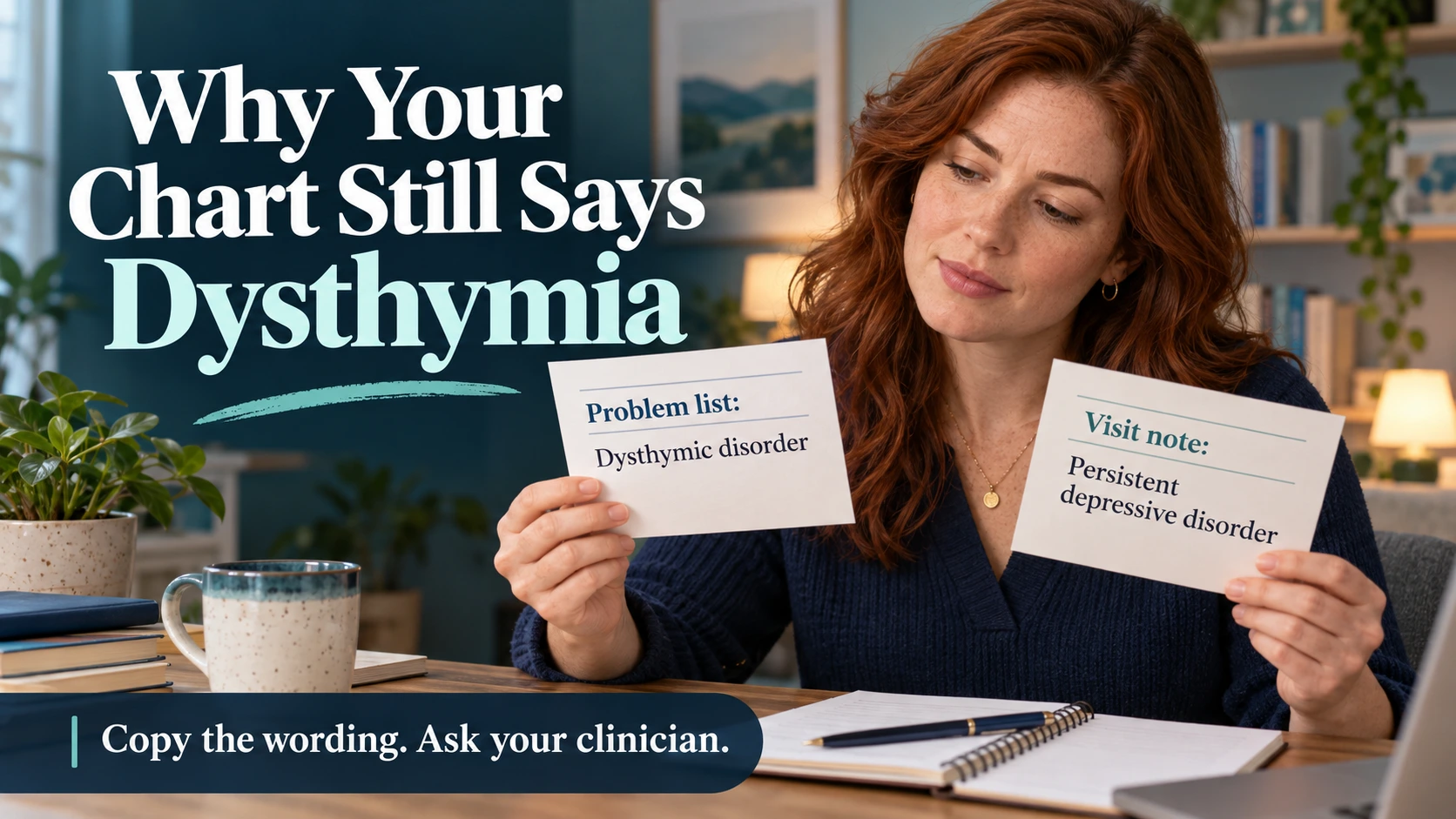 A woman comparing illustrative cards labelled dysthymic disorder and persistent depressive disorder.