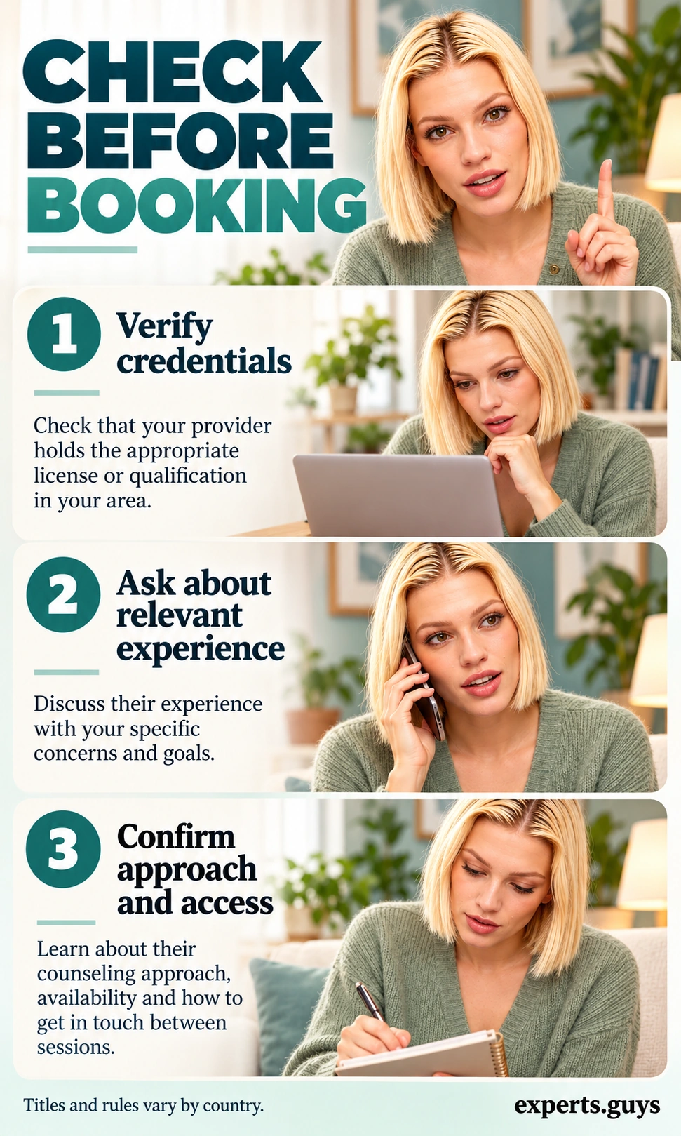 Woman checks credentials on a laptop, asks about relevant experience by phone, and records practical arrangements.