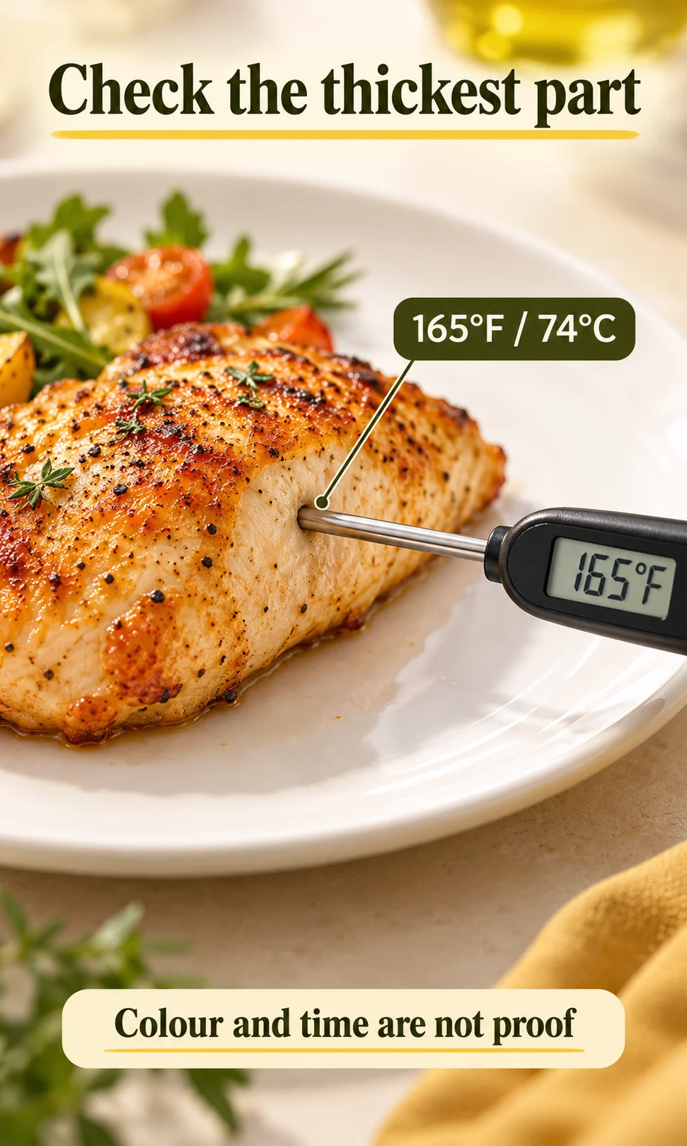 A food thermometer probe inserted from the side into the thickest part of a chicken cutlet.
