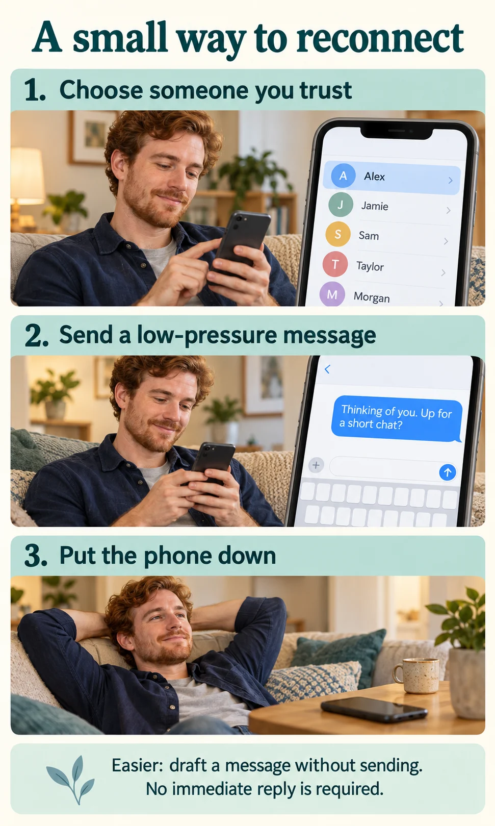 Three illustrated steps showing a man choosing a trusted person, sending a short message, and putting his phone down, with an option to draft only.