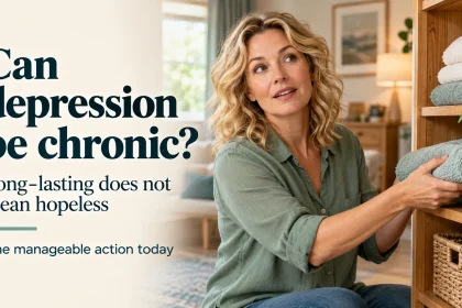 Illustration of a mildly surprised woman putting away one folded towel beside English text about chronic depression and a manageable daily action.