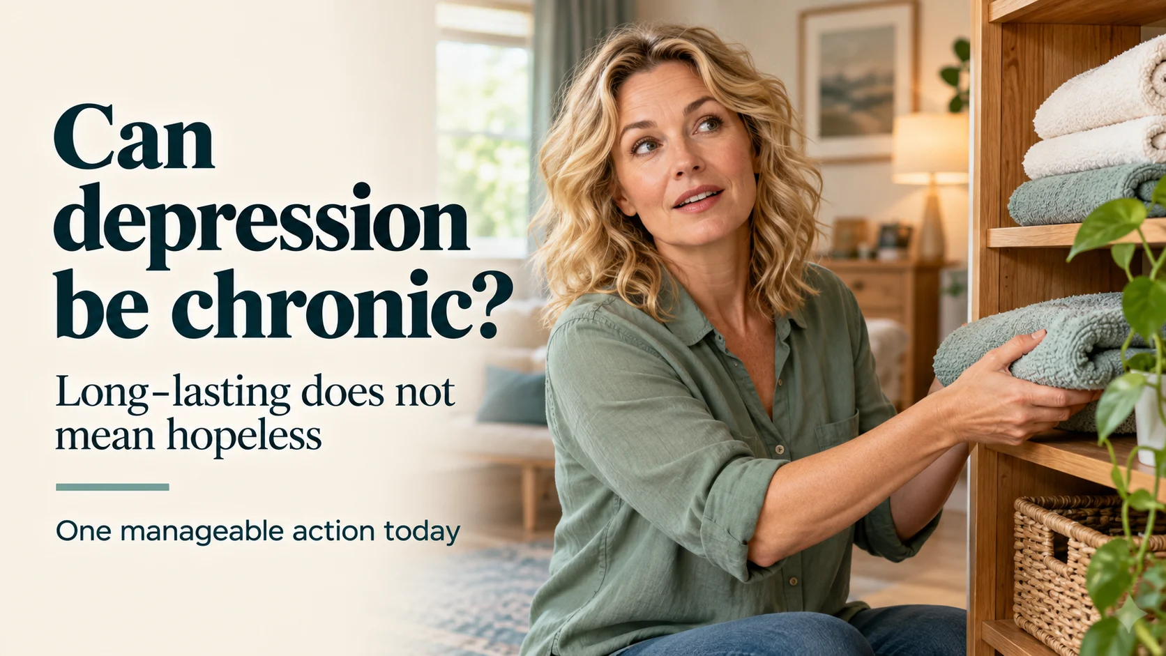 Illustration of a mildly surprised woman putting away one folded towel beside English text about chronic depression and a manageable daily action.