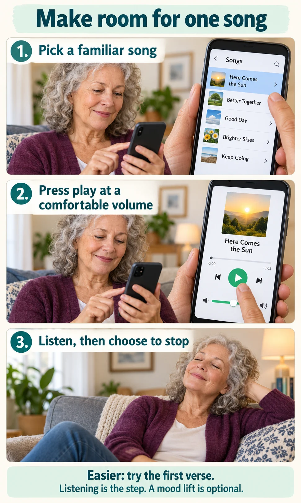 Three illustrated steps showing a woman choosing a familiar song, pressing play at a comfortable volume, and listening, with a first-verse option.