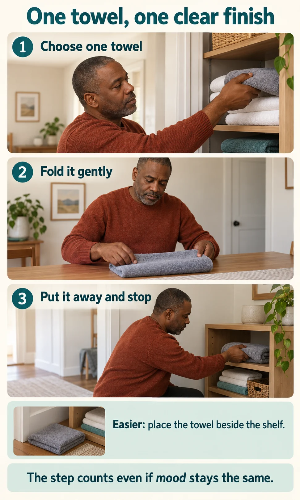 Three illustrated steps showing a man choosing one towel, folding it, and putting it away, with an easier option.