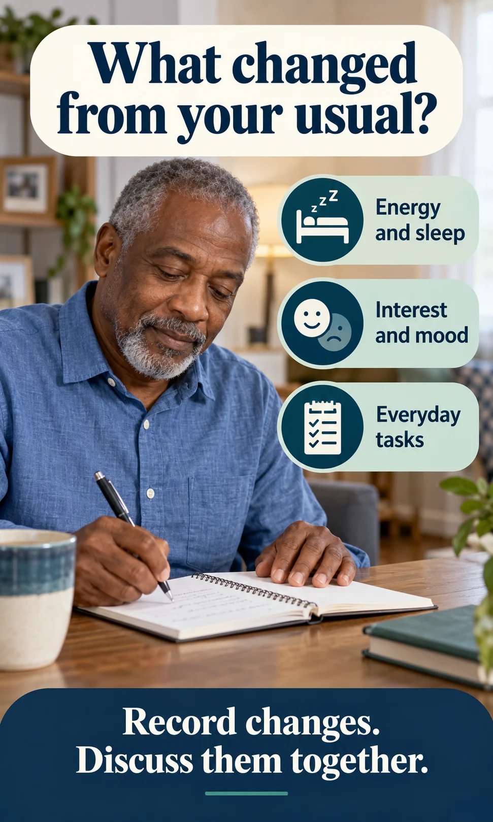Man recording changes in energy, mood and everyday tasks in a notebook