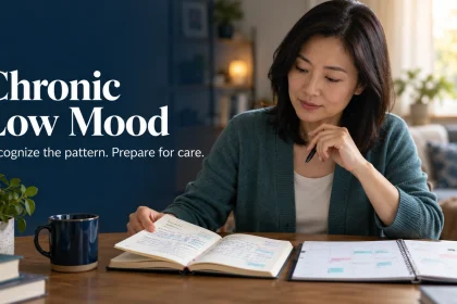 Woman comparing mood-history notes and a calendar at her desk.