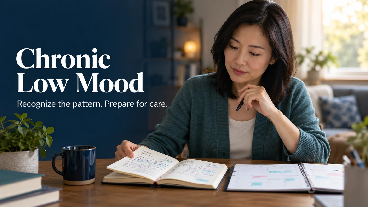 Woman comparing mood-history notes and a calendar at her desk.