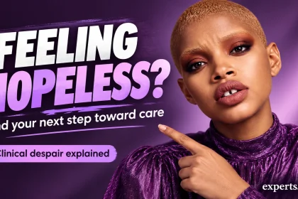 Woman in shimmering purple beside the headline Feeling hopeless and a prompt to find the next step toward care.