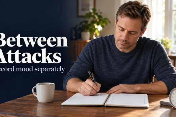 Man writing separate notebook records at a home table after a difficult night.