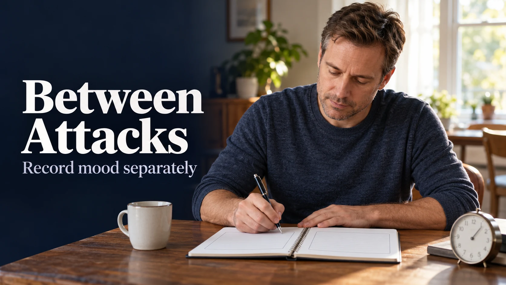 Man writing separate notebook records at a home table after a difficult night.